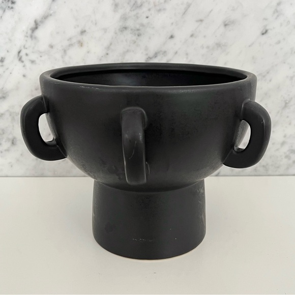 Ceramic Pottery Pedestal Bowl Planter Black Handles Minimalist Modern Ethnic 7" - Picture 3 of 7